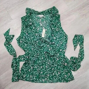 Max Studio Women's Floral Print Tie Front Ruffled Top Green Size Small